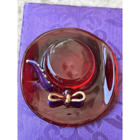 Vtg RED HAT SOCIETY 2” Blown Stained Glass Hat w/ Purple Leaf And Bow With Box - Picture 2 of 10